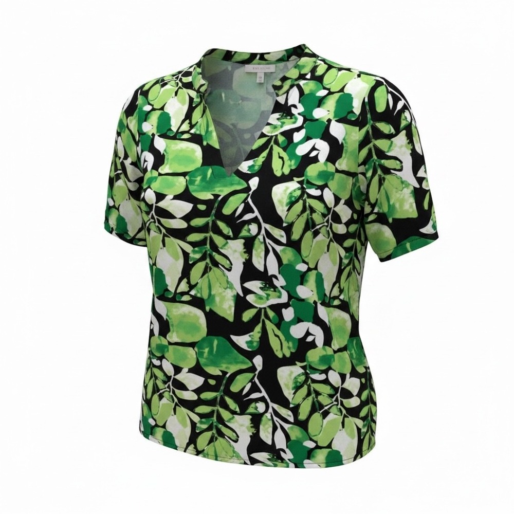 Cato Womens Plus Size 22/24W Green Black Leaf Print Split Neck Blouse Top